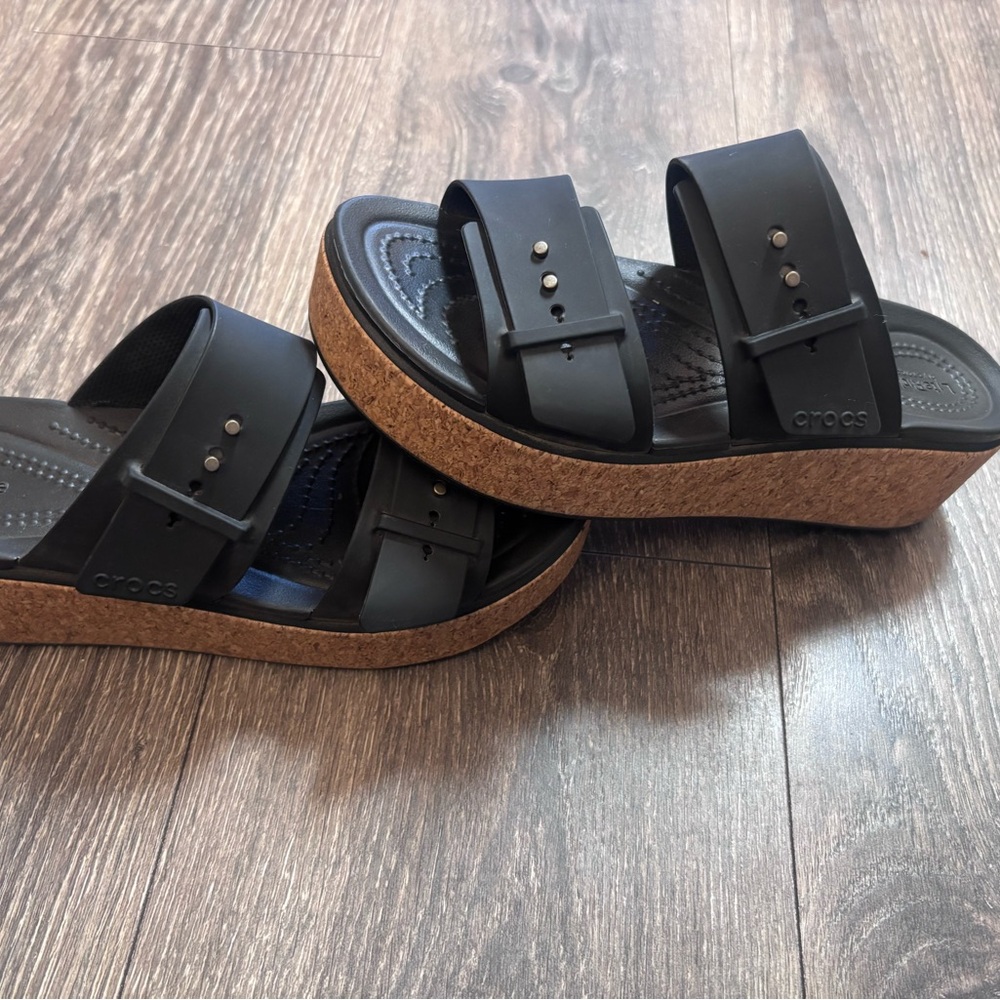 CROCS Black Double-Strap Cork Platform Slides LiteRide size 7